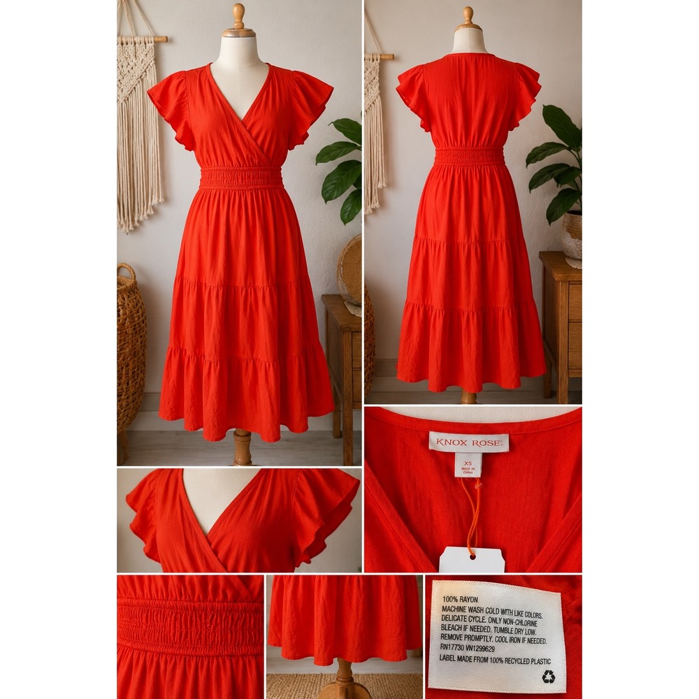 Boho Coastal Midi Dress Flutter Sleeve Red XS Knox Rose